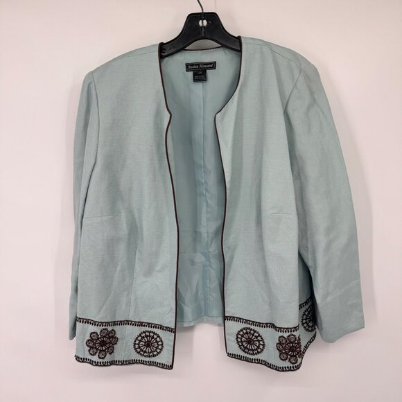 Jessica Howard size 14W Light Blue Open Front Jacket  Brown Embroidered  Beaded - Picture 4 of 10